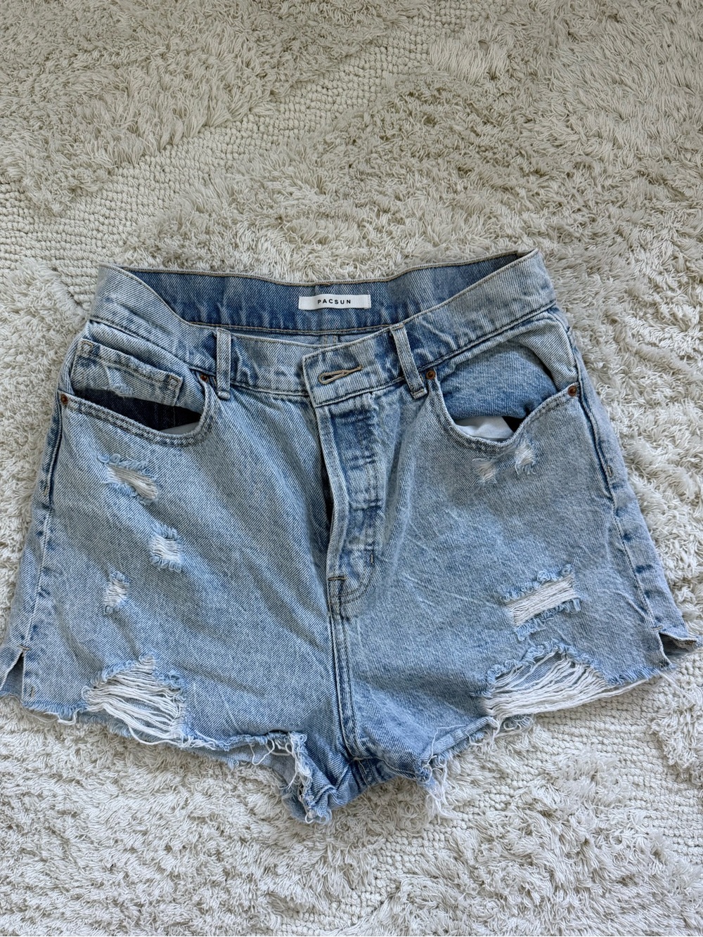 PacSun High Rise Icon Short. Light Blue Distressed Denim Women's Shorts